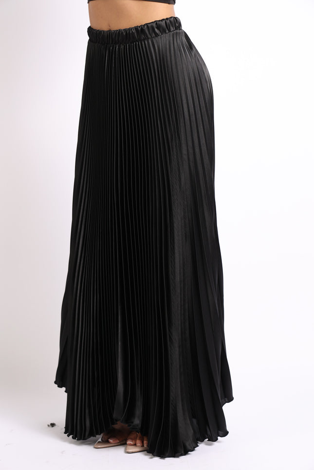 Elastic High Waist A-Line Pleated Satin Maxi Skirt Black-Puce Juniper-Urbanheer