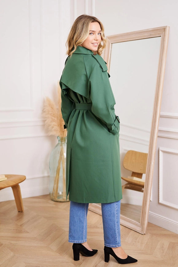 Long Trench Coat with Belt Green-COAT-Attentif Paris-Urbanheer