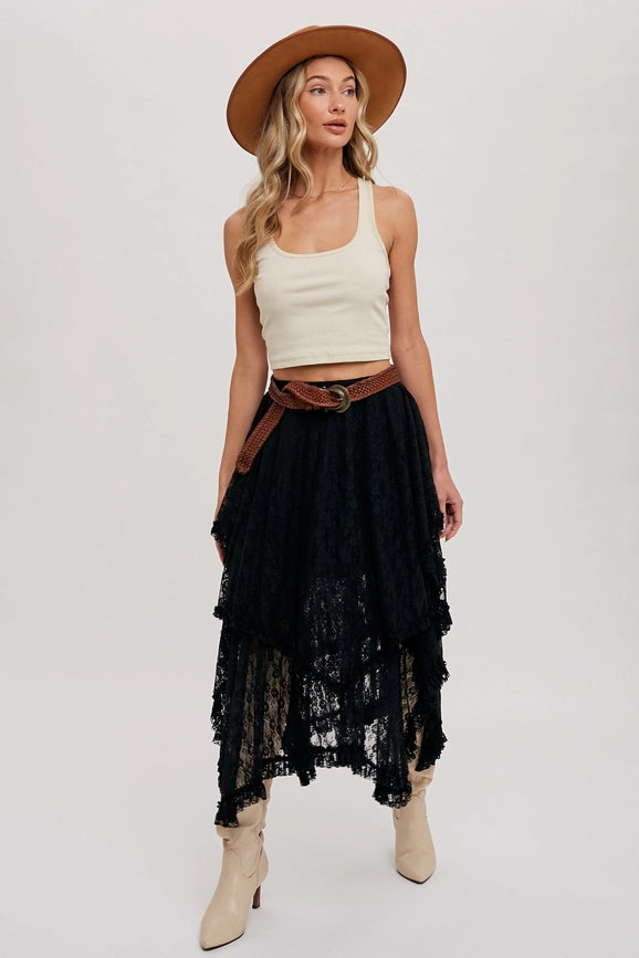 Lace Tier Midi Skirt BLACK