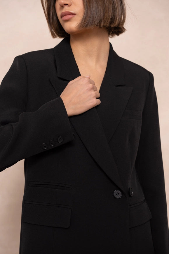 Signature Asymmetric Mid-Length Double-Breasted Plain Jacket Black-Jacket-Attentif Paris-Urbanheer