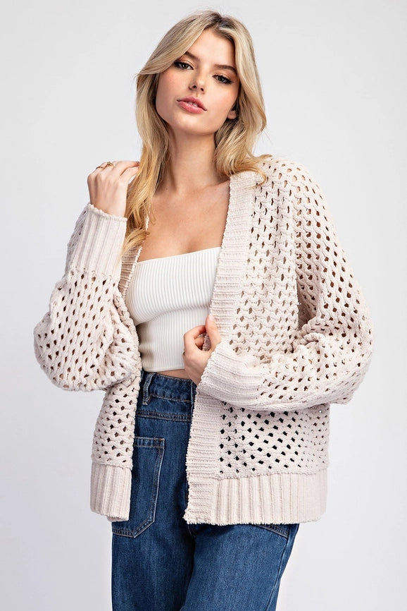 Plus - Long Sleeve Crochet Open Front Cardigan SAND