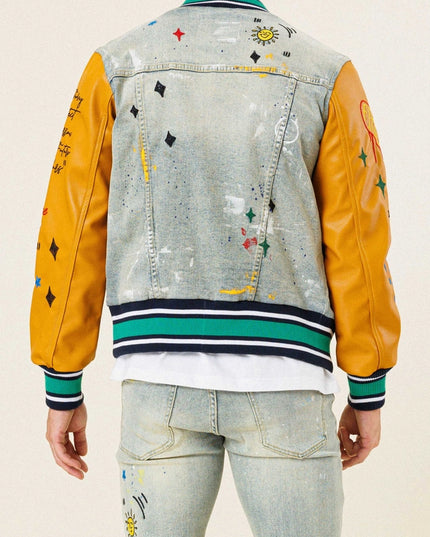 All Over Embroidered Varsity Denim Jacket-Jacket-First Row-Urbanheer