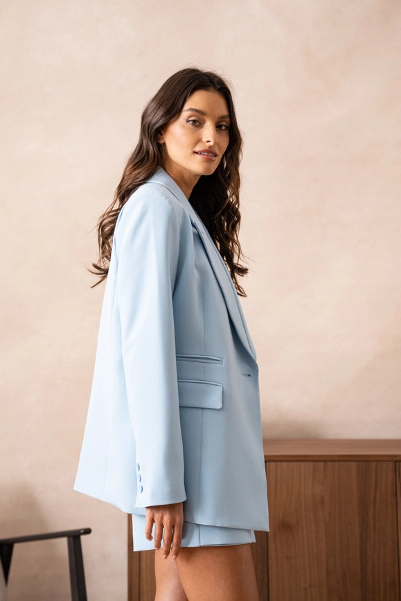 Signature Asymmetric Mid-Length Double-Breasted Plain Jacket Sky Blue-Jacket-Attentif Paris-Urbanheer