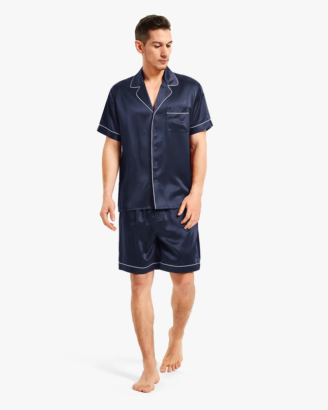 Piped Silk Short Pajamas Navy Blue-Sets-MommeSilk-Urbanheer