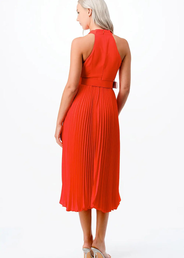 Cross Over Pleats Midi Dress- Orange-Clothing - Women-Neon Blush-Urbanheer