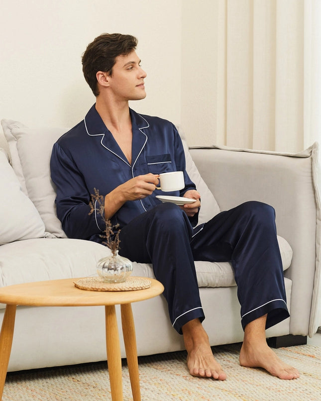 Piped Silk Pajamas - For Men Navy Blue-Pajamas-MommeSilk-Urbanheer