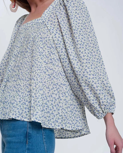 Puff Sleeve Top with Square Neck in Blue Floral Print-Top-Q2-S-Urbanheer