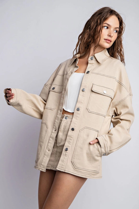 Oversized Twill Jacket with Contrast Stitch Light Taupe-Jacket-EDIT by NINE-Urbanheer