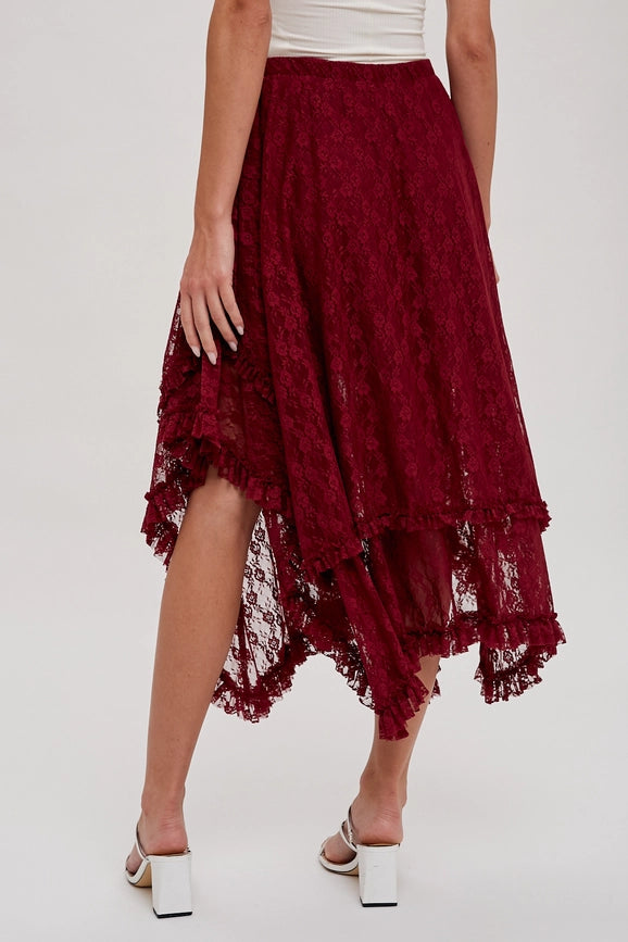 Lace Tier Midi Skirt BURGUNDY