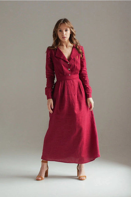 Burgundy Red Linen Dress Maxi With Front Buttons And Collar-Dress-Nich Linen-Urbanheer