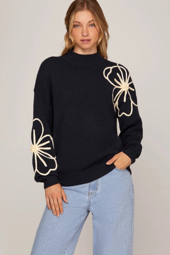 Sweater Top with Flower Embellishments NAVY