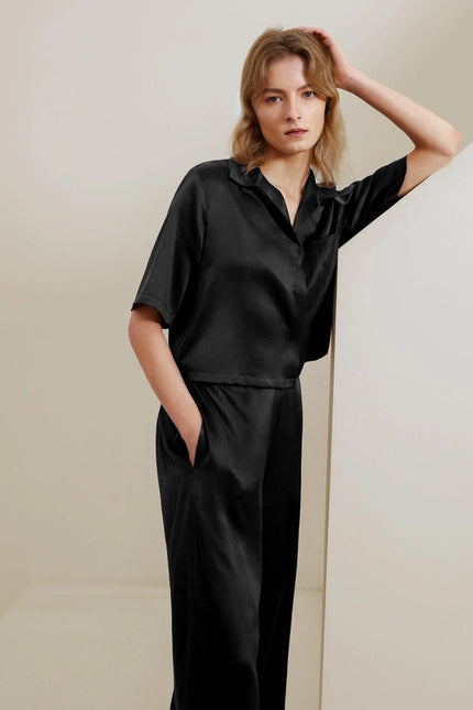 Short Sleeve Silk Pajamas Black-Pajamas-MommeSilk-Urbanheer