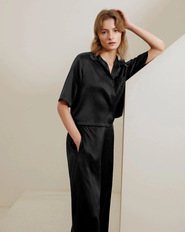 Short Sleeve Silk Pajamas Black-Pajamas-MommeSilk-Urbanheer