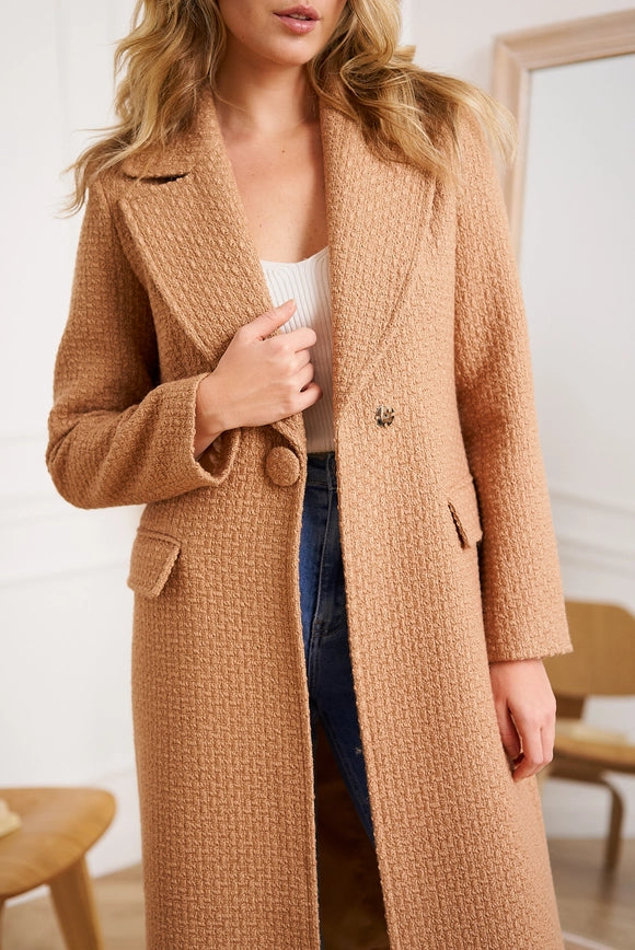 Long Fitted Coat Containing Wool Camel-COAT-Attentif Paris-Urbanheer