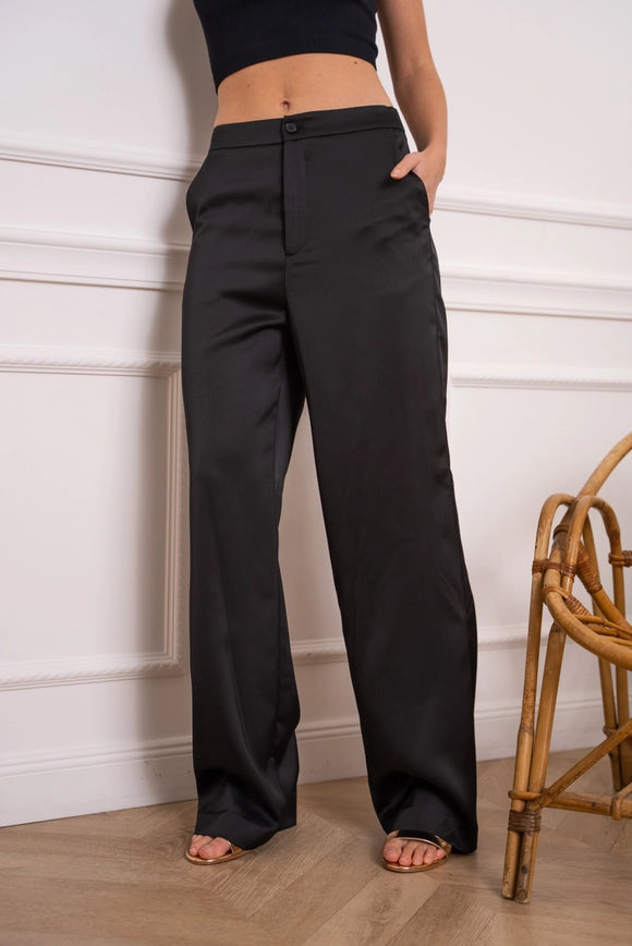 Satin Straight Cut Pants Black-Pants-Attentif Paris-Urbanheer