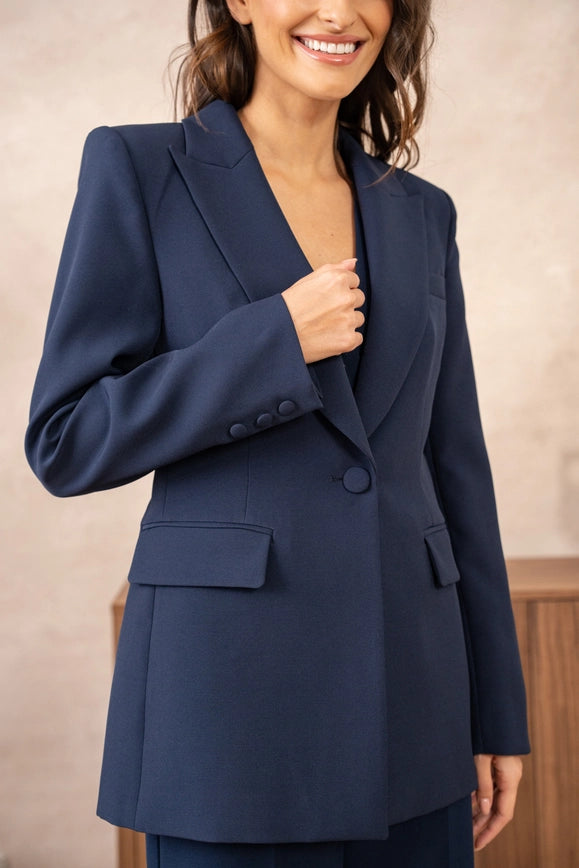 Slim Fit Jacket with Signature Shoulder Pads Navy Blue-Jacket-Attentif Paris-Urbanheer