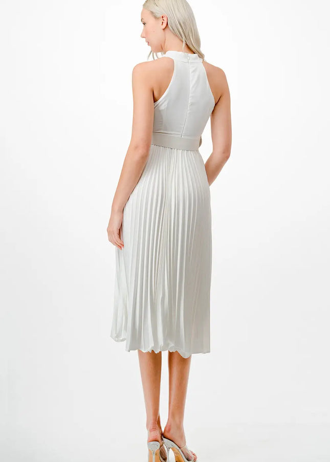 Cross Over Pleats Midi Dress- Off White-Clothing - Women-Neon Blush-Urbanheer