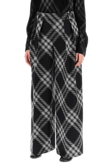 Double Pleated Checkered Palazzo Pants - Black