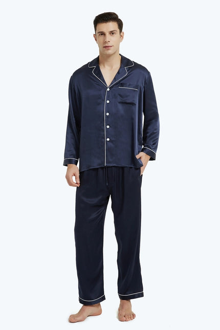 His & Hers Piped Silk Pajamas Navy Blue-Pajamas-MommeSilk-XS-Men's-Urbanheer