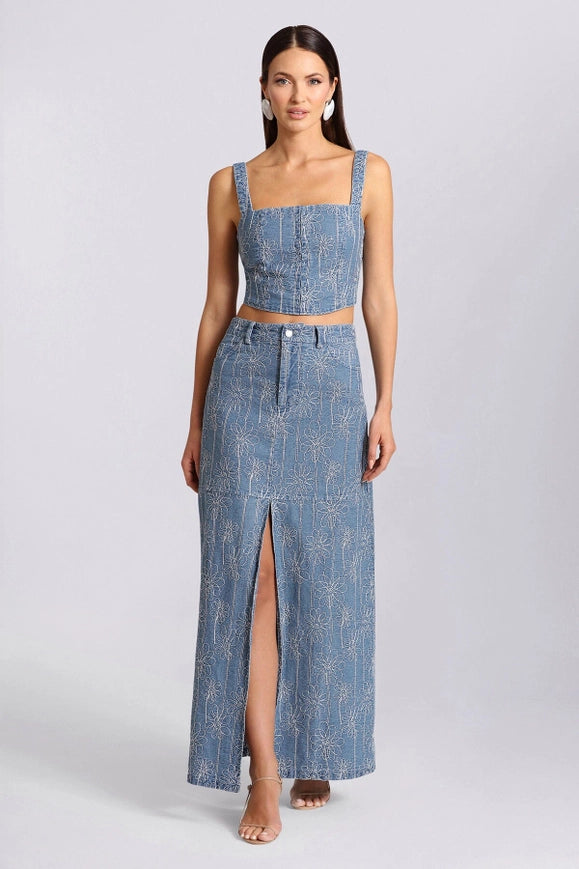 Embroidered Denim Maxi Skirt-Skirt-Avec Les Filles-Urbanheer