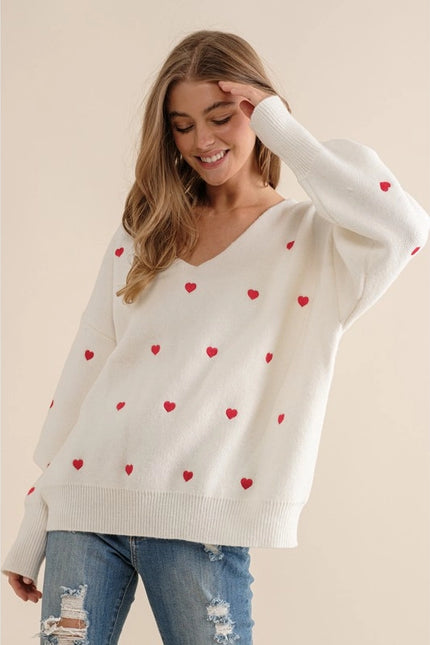 Plus Size Heart Pattern Boxy Knit Pullover Sweater White-SWEATER-Pink Irene Wholesale-Urbanheer