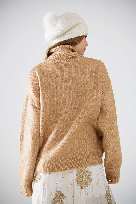 Beige Turtleneck Jumper with Dropped Sleeves