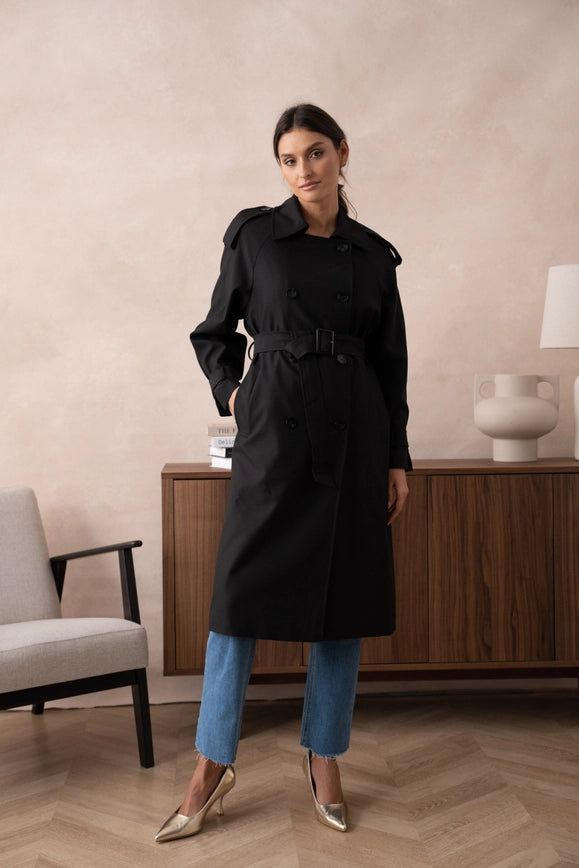 Long Trench Coat with Belt Black-COAT-Attentif Paris-S-Urbanheer