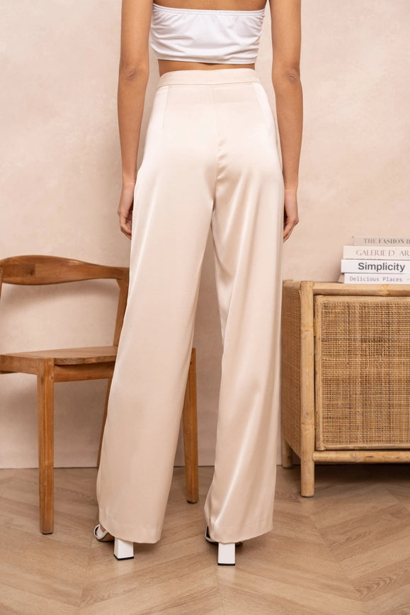 Satin Straight Cut Pants Beige-Pants-Attentif Paris-Urbanheer