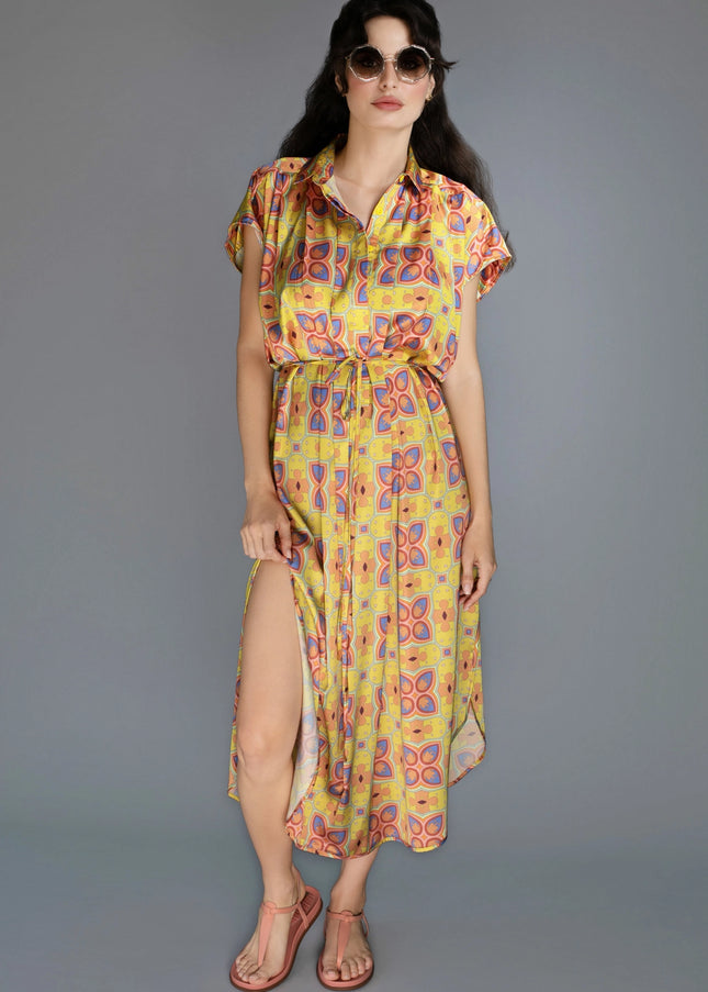 Relaxed Fit Gold Mescaline Satin Spread Collar Women'S Dress-Nuvula-Urbanheer