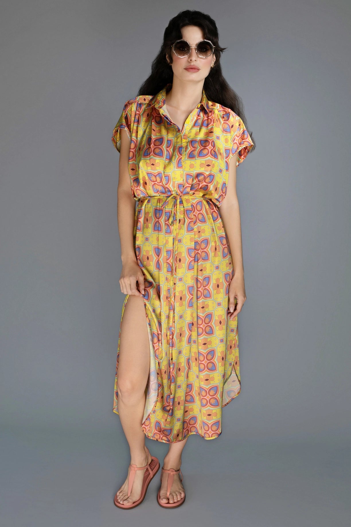 Relaxed Fit Gold Mescaline Satin Spread Collar Women'S Dress-Nuvula-Urbanheer