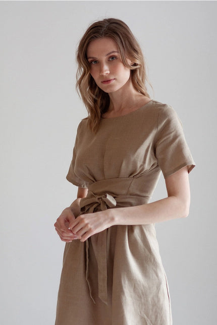 Beige Tie Belt Wrap Linen Bridesmaid Dress For Woman Mini-Dress-Nich Linen-Urbanheer