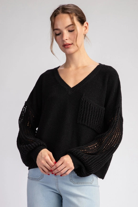 Open Knit Long Sleeve Sweater Top BLACK