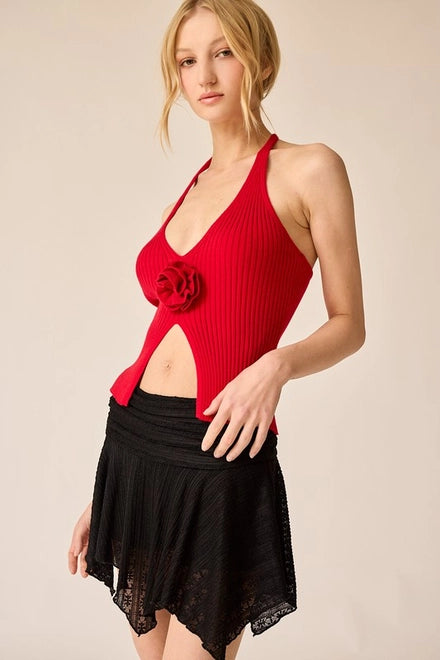 Madelyn Rosette Halter Rib Knit Top Red-TOP-Papermoon-Urbanheer