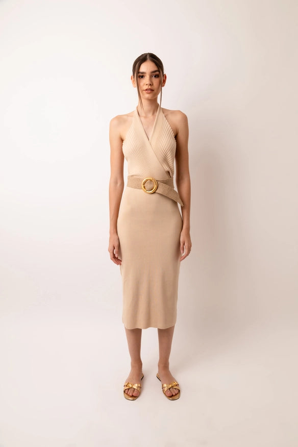 Marrakech Knit Fitted Halter Neck Midi Dress Beige-Dress-Amy Lynn-Urbanheer