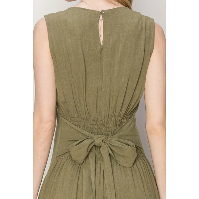 D-LINEN Blended Tie Waist Dress OLIVE-Dress-HYFVE-Urbanheer