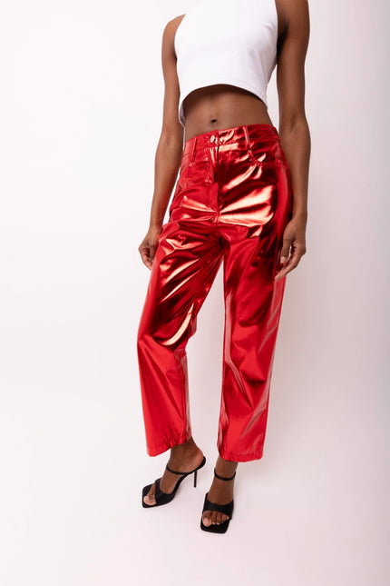 Lupe Straight Faux Leather Metallic Pants RED-Pants-Amy Lynn-S-Urbanheer