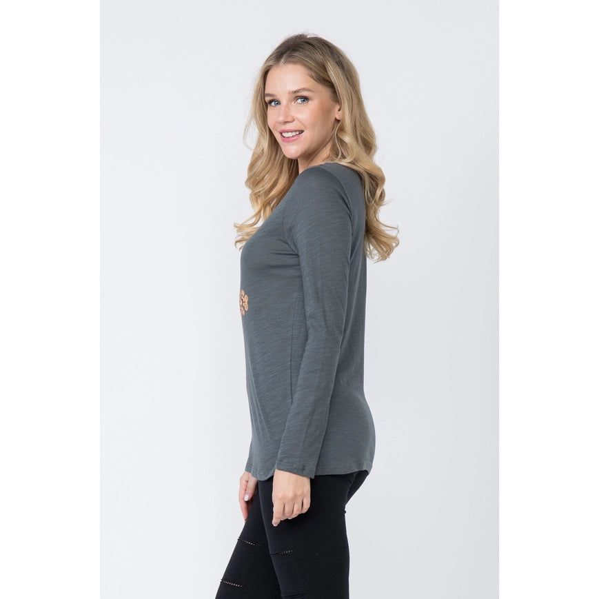 Western Style Long Sleeve Top with Eyelet Trim Grey-Top-Vocal-Urbanheer