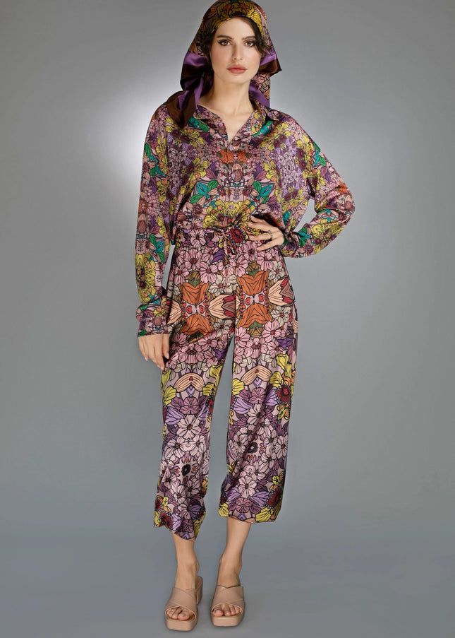 Traditional Loose Fit Artistry Golden Garden Satin Blouse-Nuvula-Urbanheer