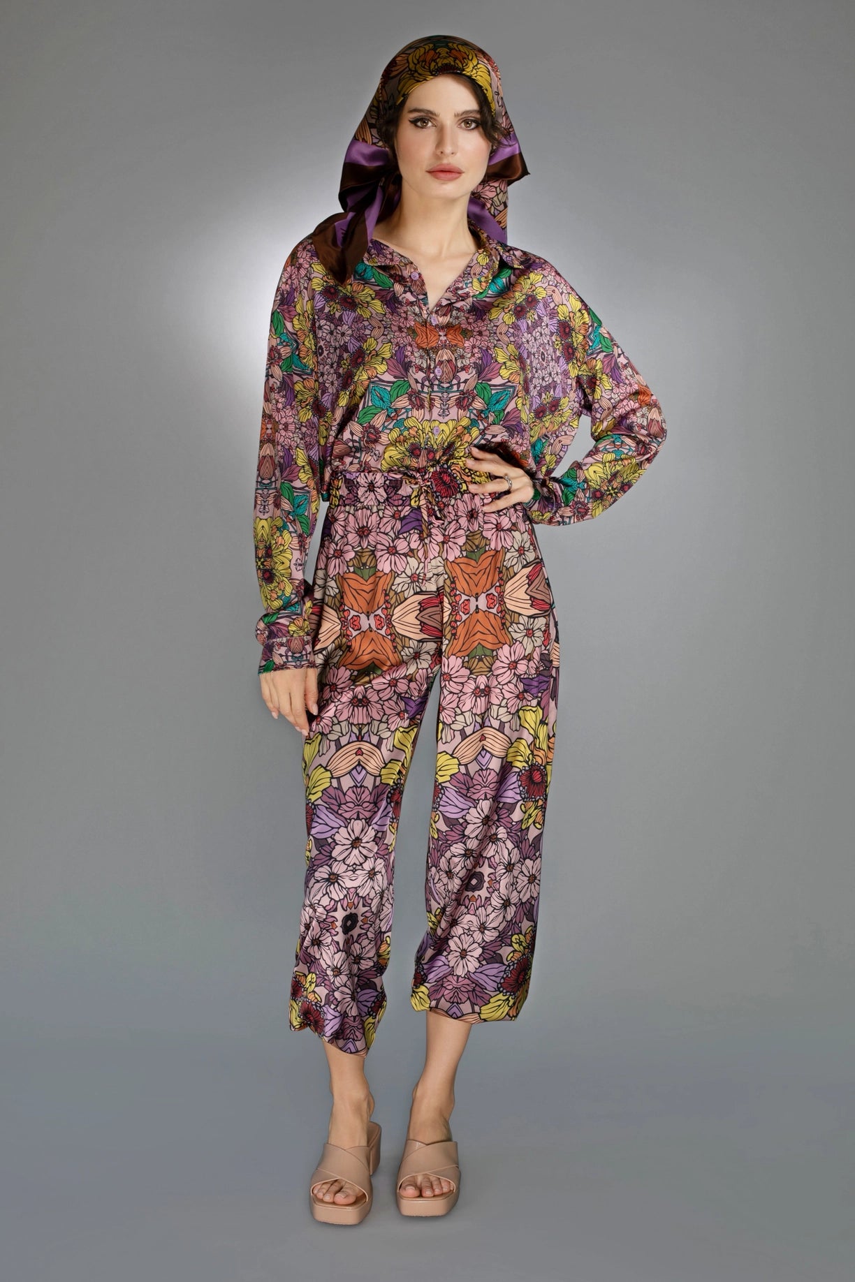 Traditional Loose Fit Artistry Golden Garden Satin Blouse-Nuvula-Urbanheer