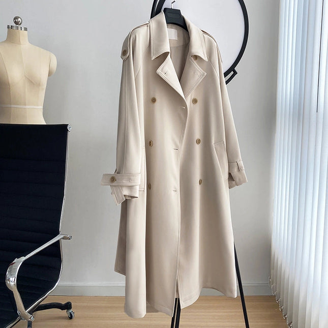 Draping British Loose Mid-Length Over The Knee Trench Coat Beige-Coat-Blak Wardrob-Urbanheer