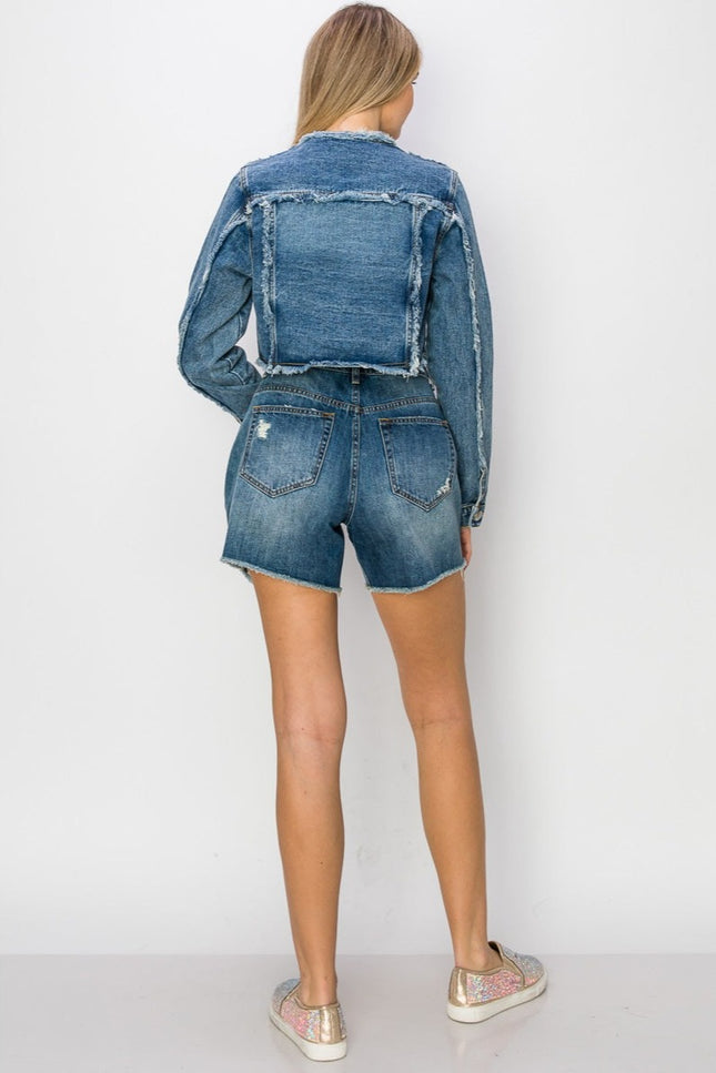 Distressed Frayed Cropped Denim Jacket-Clothing Women Jackets-Vocal-Urbanheer