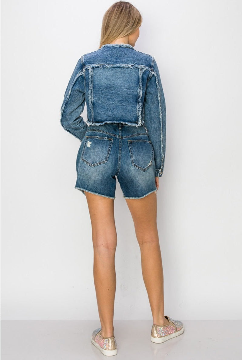 Distressed Frayed Cropped Denim Jacket-Clothing Women Jackets-Vocal-Urbanheer