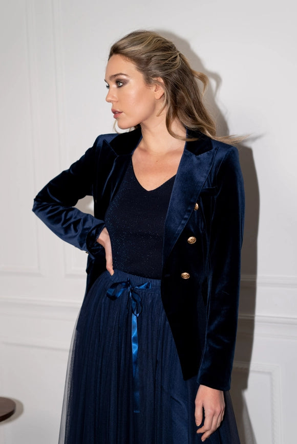 Fitted Velvet Jacket Navy-Jacket-Attentif Paris-Urbanheer