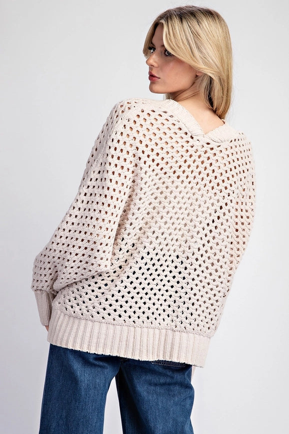 Plus - Long Sleeve Crochet Open Front Cardigan SAND