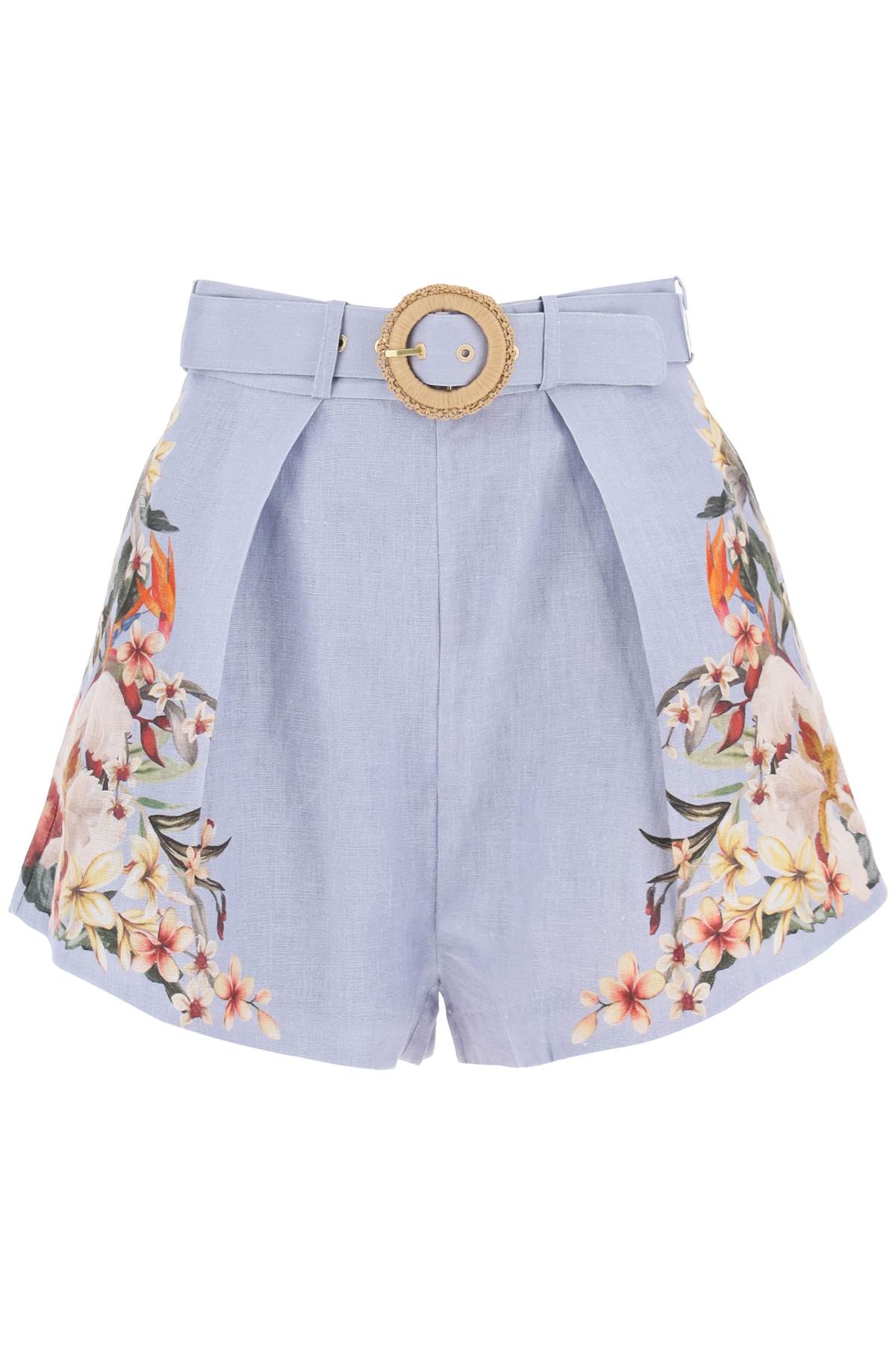 Zimmermann             lexi tuck linen shorts with floral motif - Light blue
