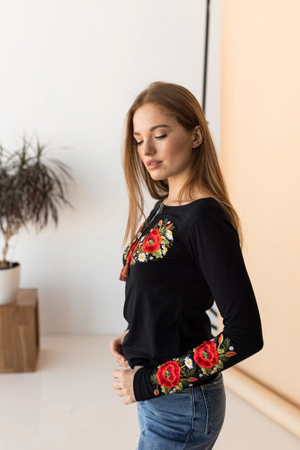 Embroidered Sweater Crimson Poppies Black-Clothing - Women-Handmade Originals Ukraine-Urbanheer