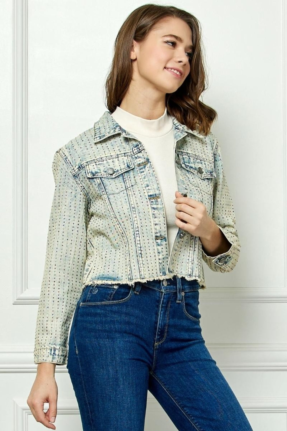 Veveret Multi Color Stripe Rhinestone Raw Hem Denim Jacket-UHX-MEDIUMWASH-S-Urbanheer