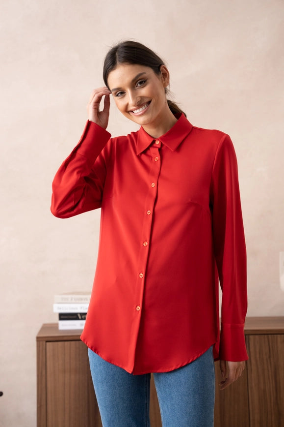 Plain Satin Shirt with Lapel Collar Red-SHIRT-Attentif Paris-Urbanheer