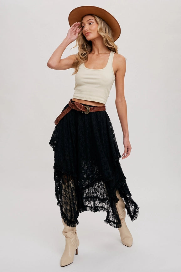 Lace Tier Midi Skirt BLACK