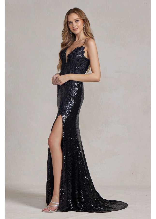 Plunging Mesh Sequin Evening Dress-Dresses-Nox Anabel-Urbanheer